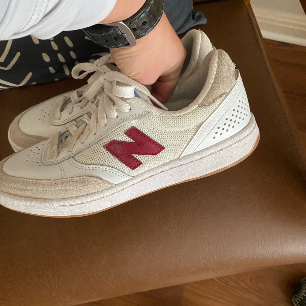 New Balance White and Red Athletic Shoes (looks maroon NB)